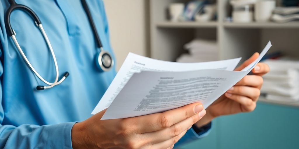 Healthcare professional with translated medical documents in hand.