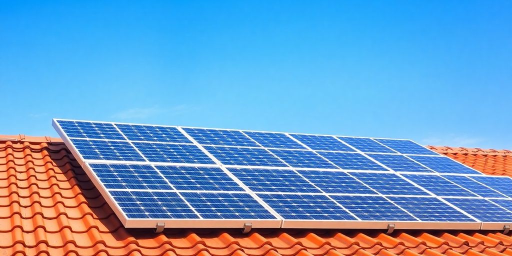 Rooftop solar panels under bright sunlight against a blue sky.