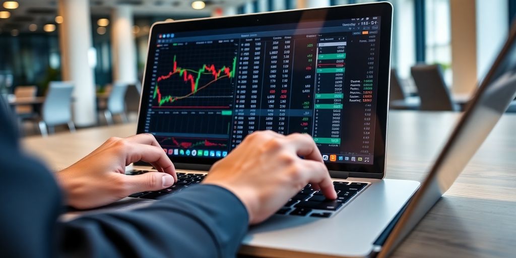 Trader analyzing market trends on a laptop.