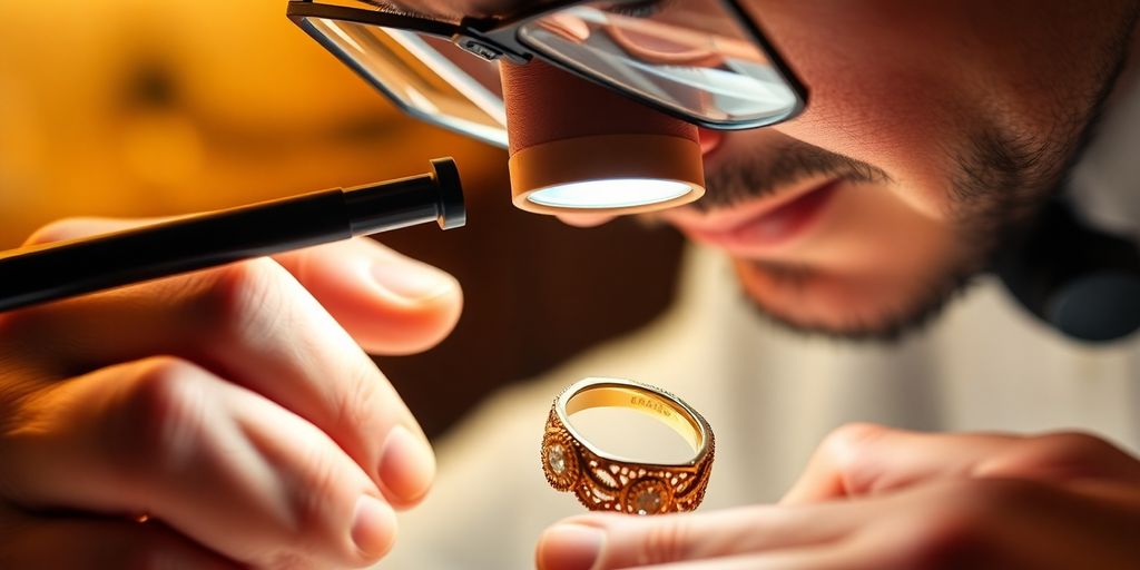 Un bijoutier examine une bague en or avec attention.