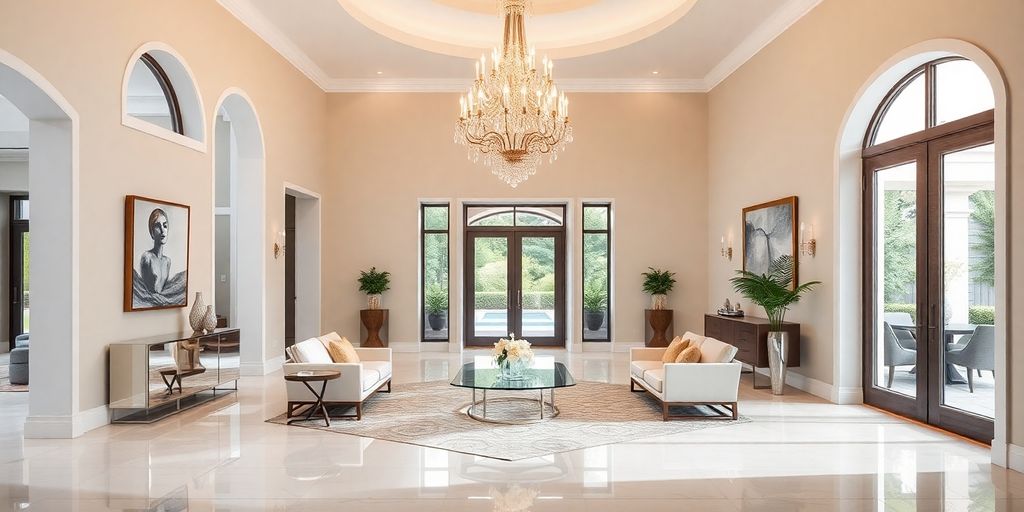 Modern foyer with a stunning contemporary chandelier.
