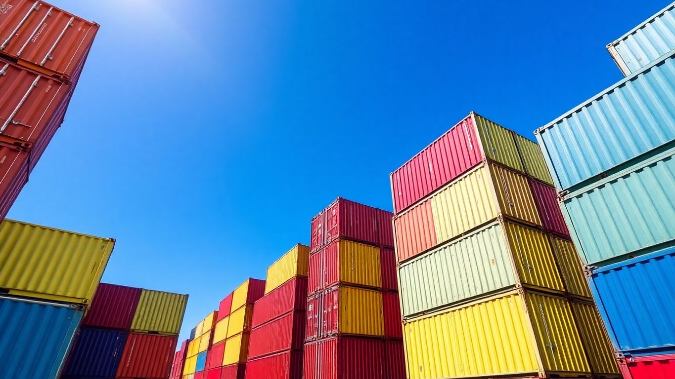 Stack of new, colorful shipping containers under bright sky.