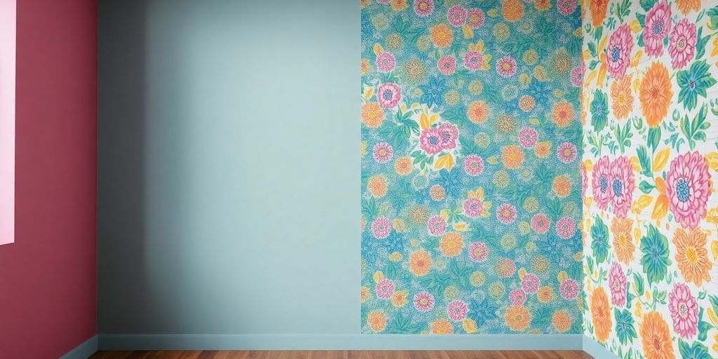Painted wall beside a patterned wallpaper in a room.