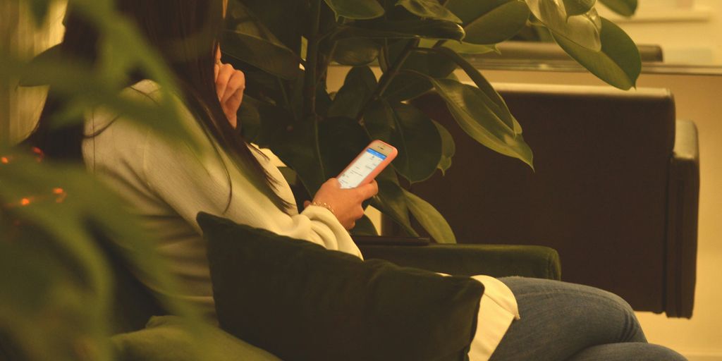 person using smartphone while sitting on black sofa between green plants