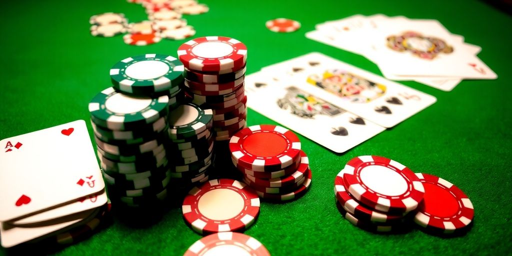 Poker chips stacked high with cards on a felt table.