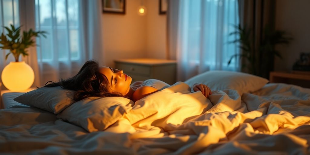 Person peacefully sleeping in a dimly lit, cozy bedroom.