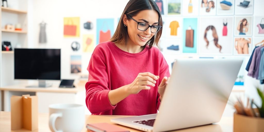 Person vergleicht Preise mit einem Laptop im Wohnzimmer.