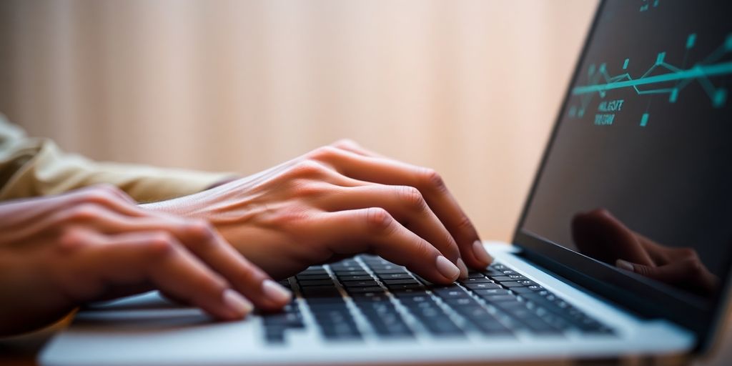 Hands on laptop, digital lines.