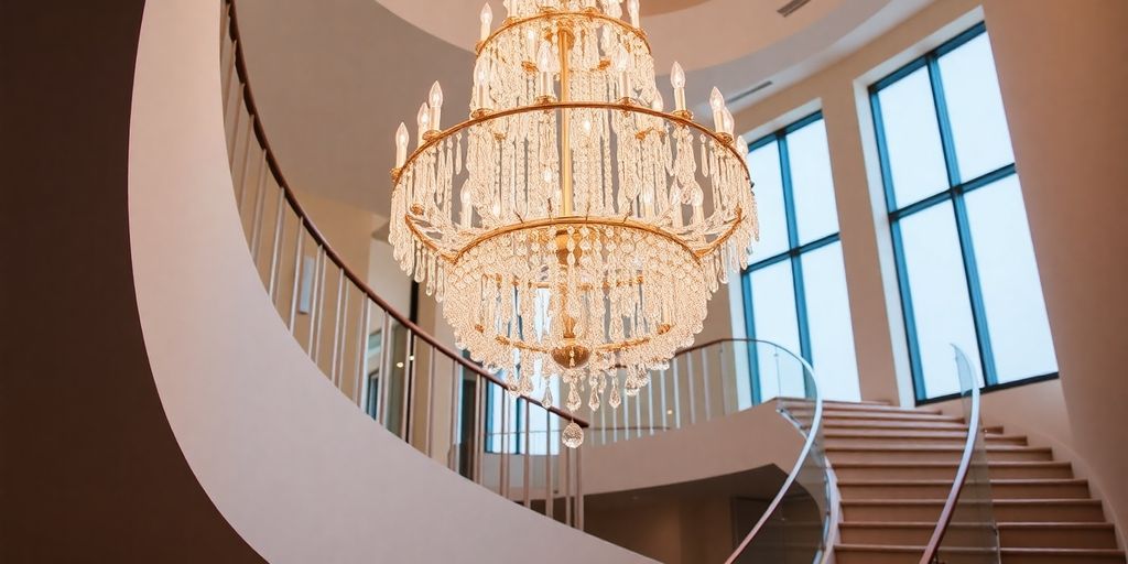 Grand chandelier illuminating a modern staircase.
