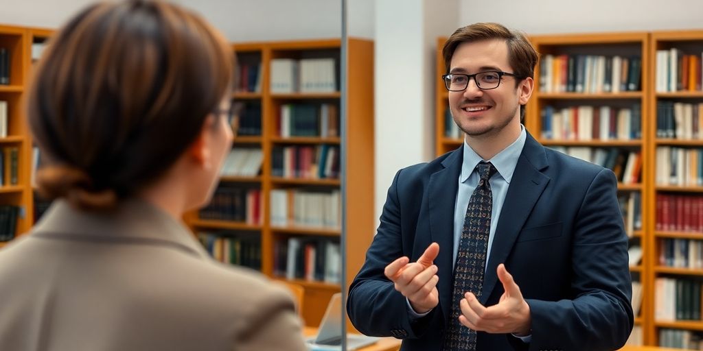 PhD candidate rehearsing presentation confidently in study room.