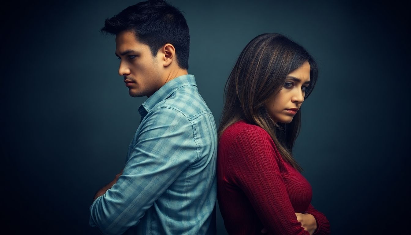 Angry couple standing back to back, showing emotional distance.