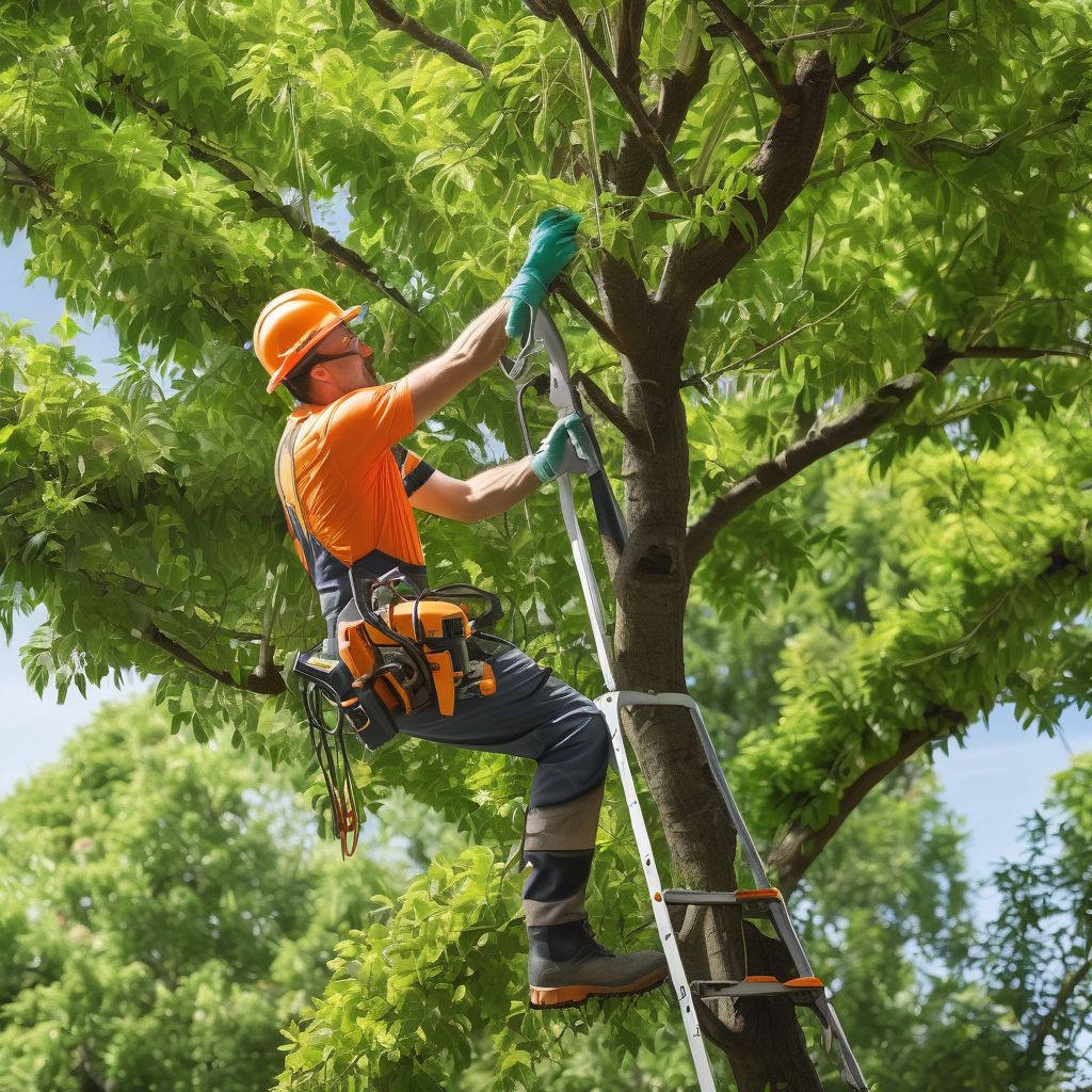 professional arborist trimming tree branches in a lush garden