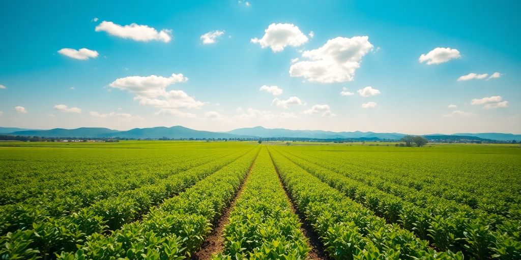 Lush green fields, distant mountains, clear blue sky