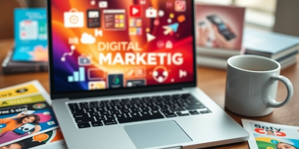 Laptop with digital marketing visuals and colorful materials.