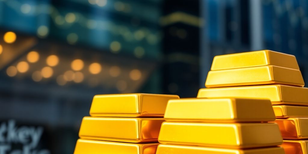 Des barres d'or empilées avec un fond flou.