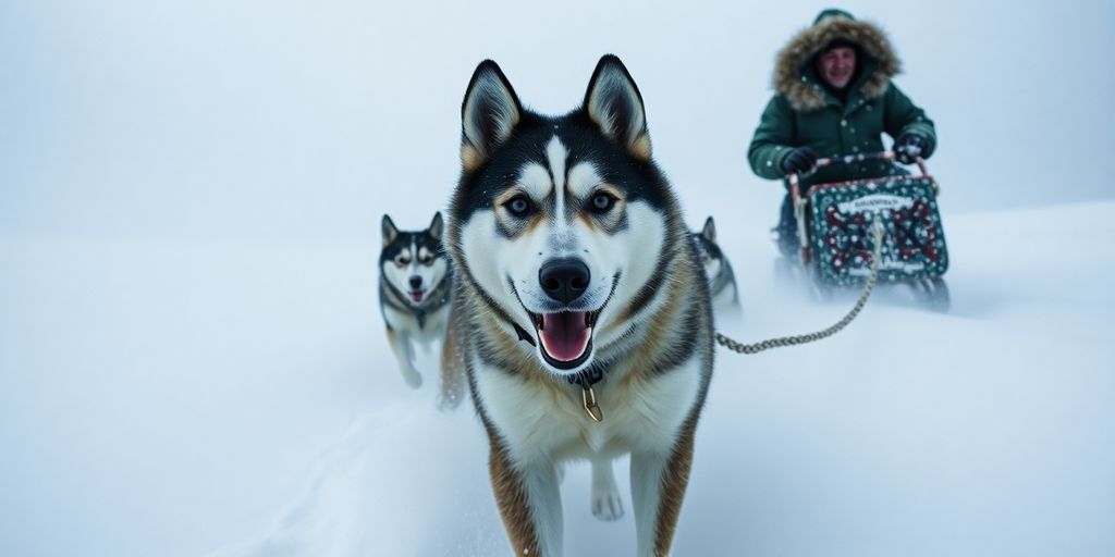 A dog sled team races through a snowy Alaskan blizzard.