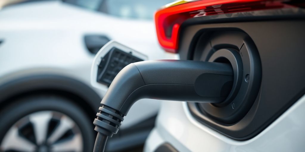 Electric vehicle charger with connector plugged into car.