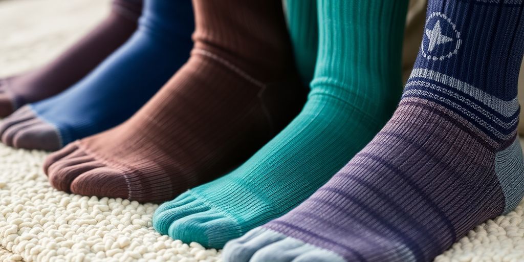 Comfortable men's neuropathy socks in various colors on display.