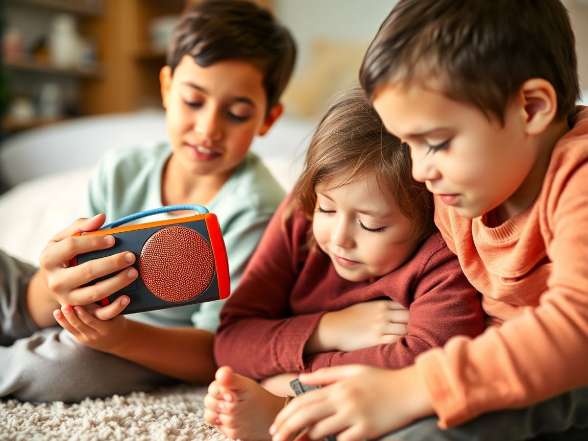 Copii ascultând povești audio cu bucurie.