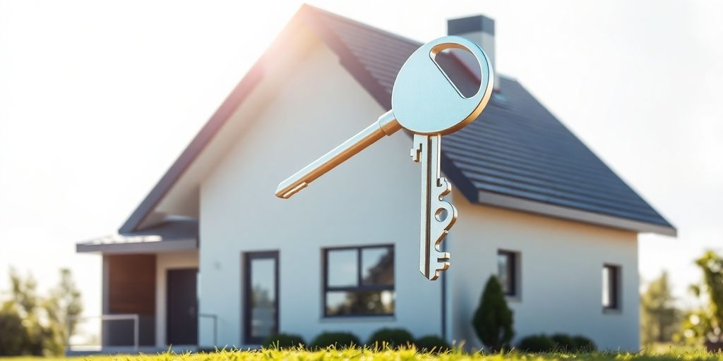 Casa con llave sobre fondo de seguro.