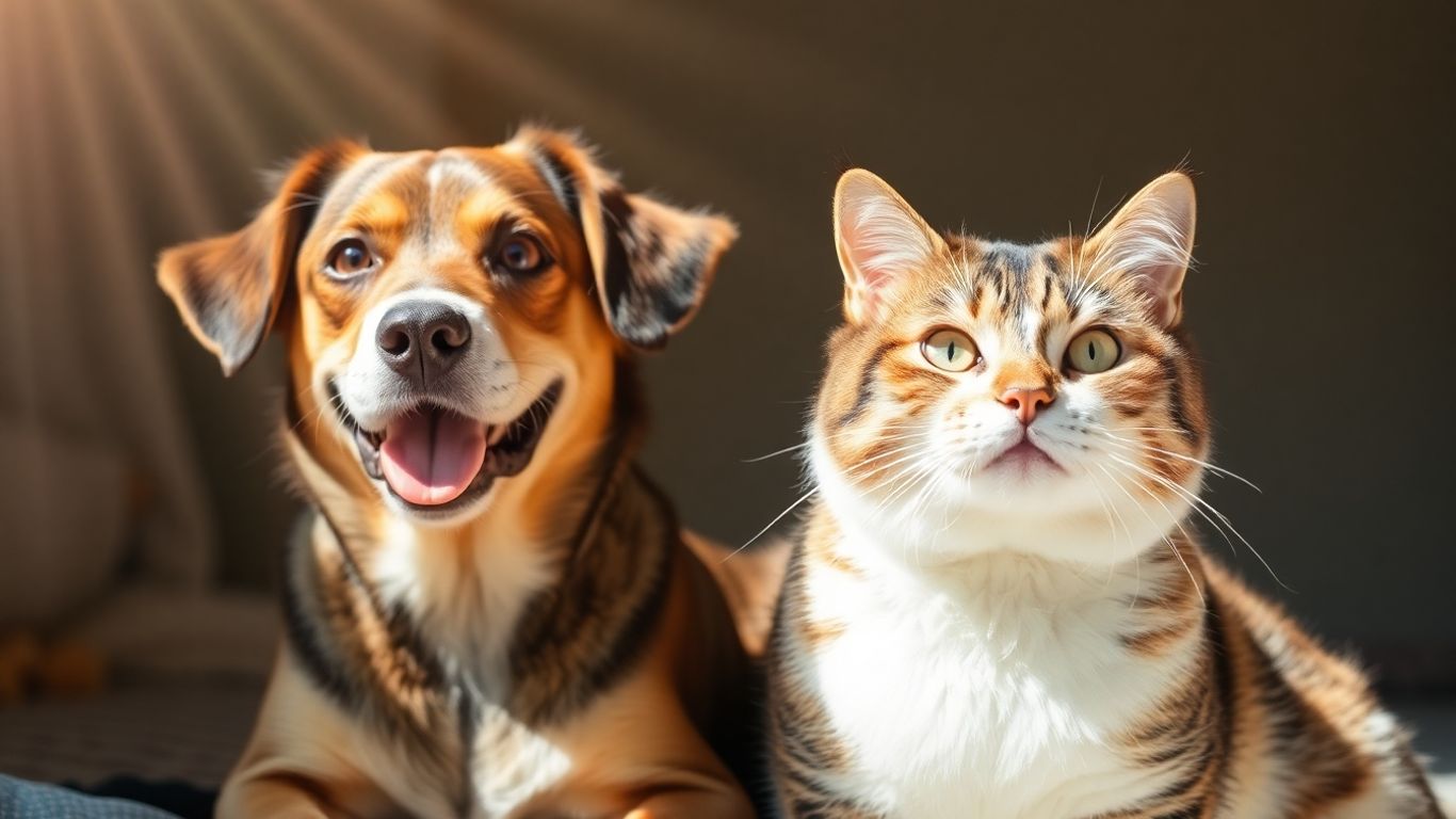 Happy dog and cat together in sunlight.