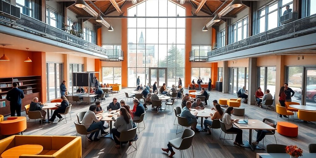 Modern community hub interior with natural light and diverse individuals.
