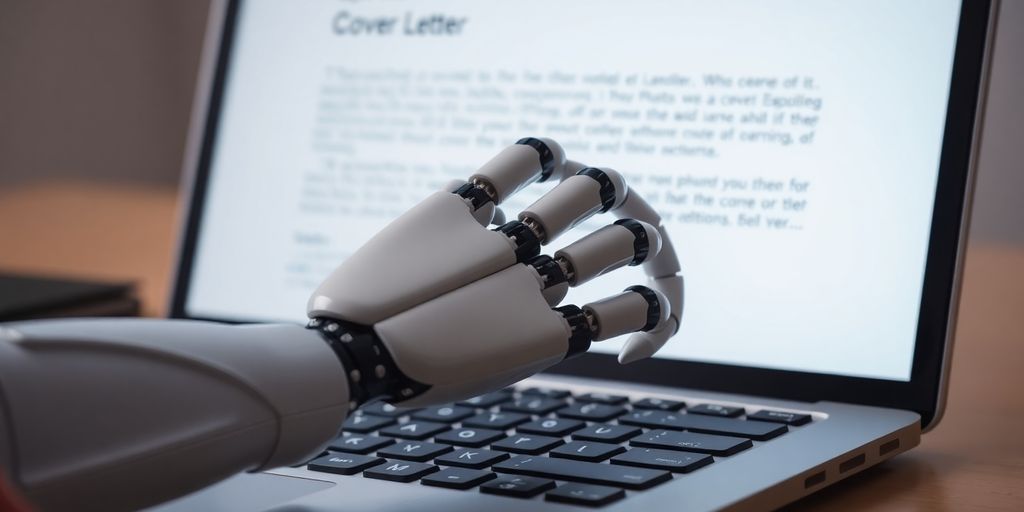 Robotic hand typing cover letter on computer.
