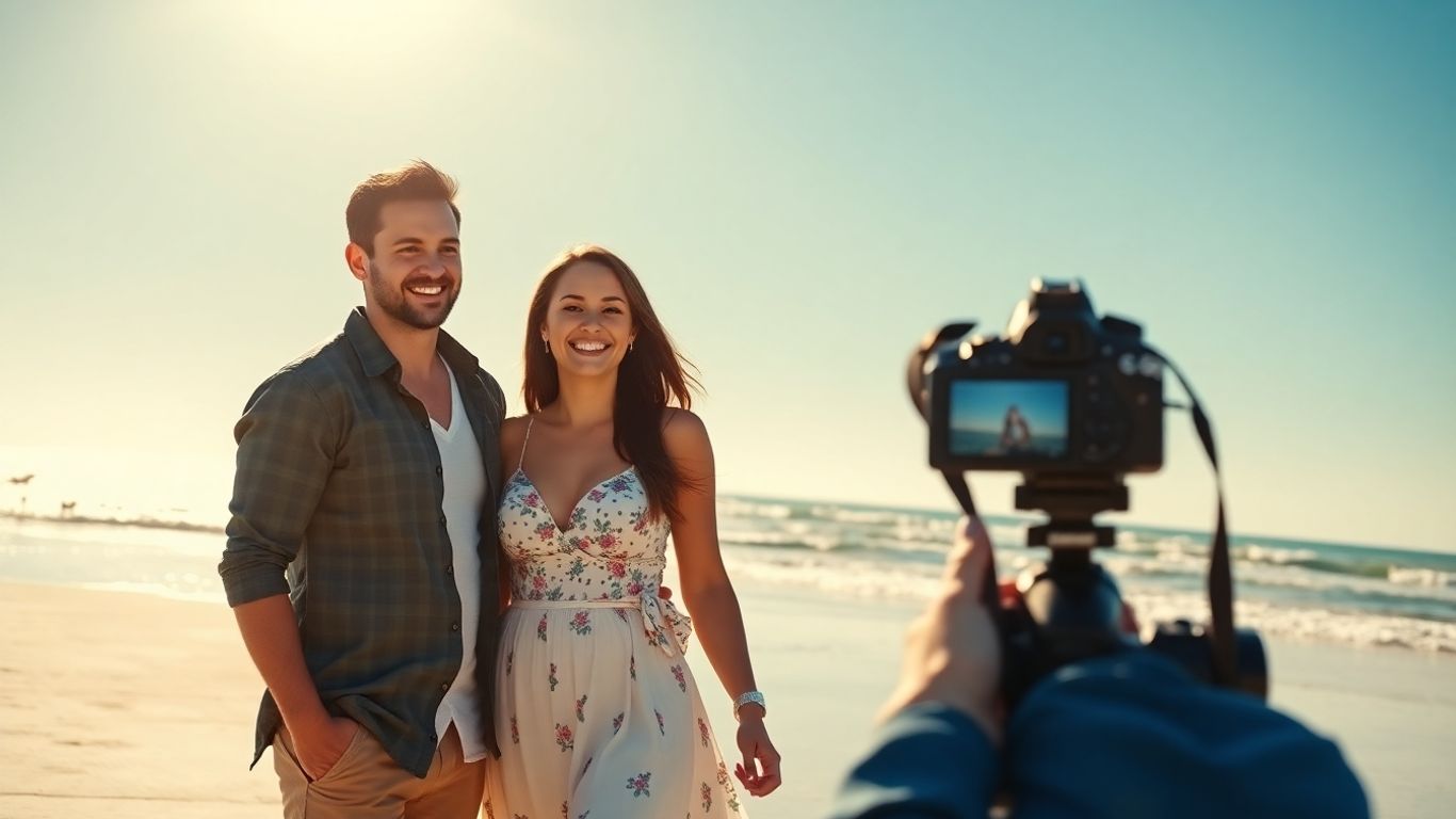 Couple on beach receiving same-day photo previews.