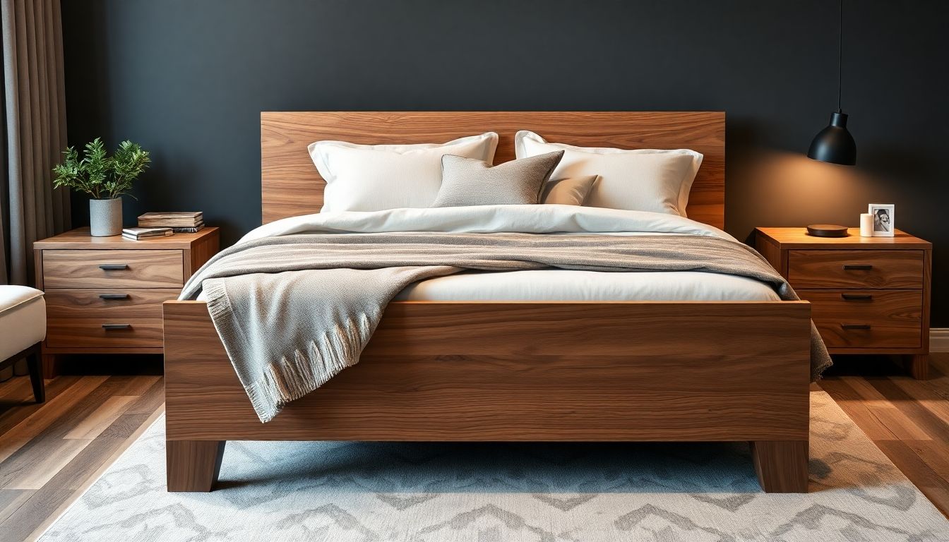 Modern wooden bed in a stylish London bedroom.