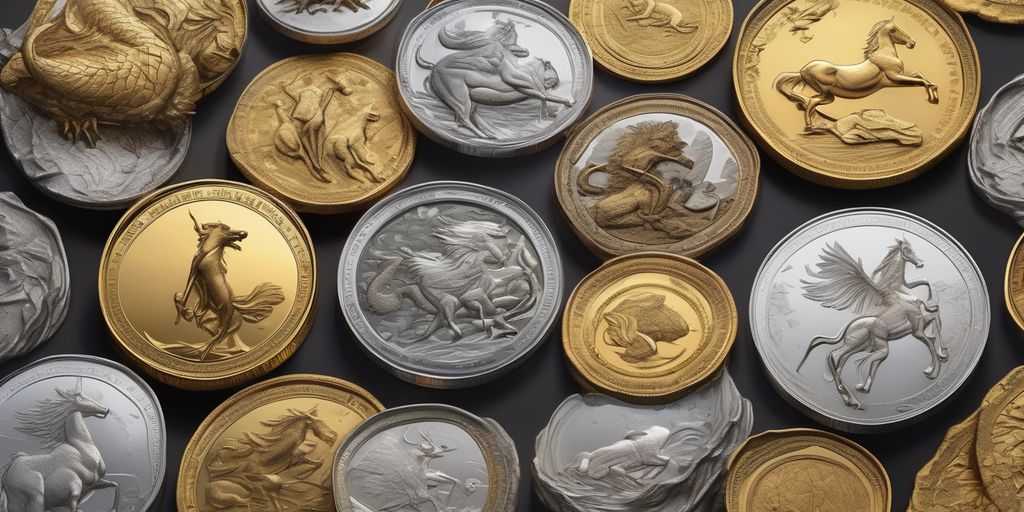 gold and silver coins in art and culture, mythical and legendary representation, historical illustrations