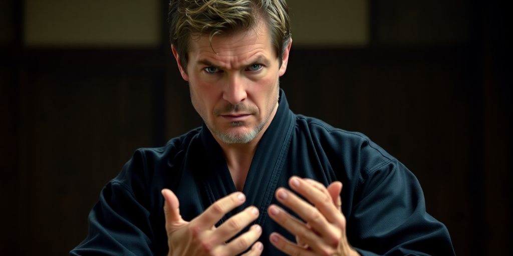 Martin Kove in Cobra Kai dojo, striking a pose.