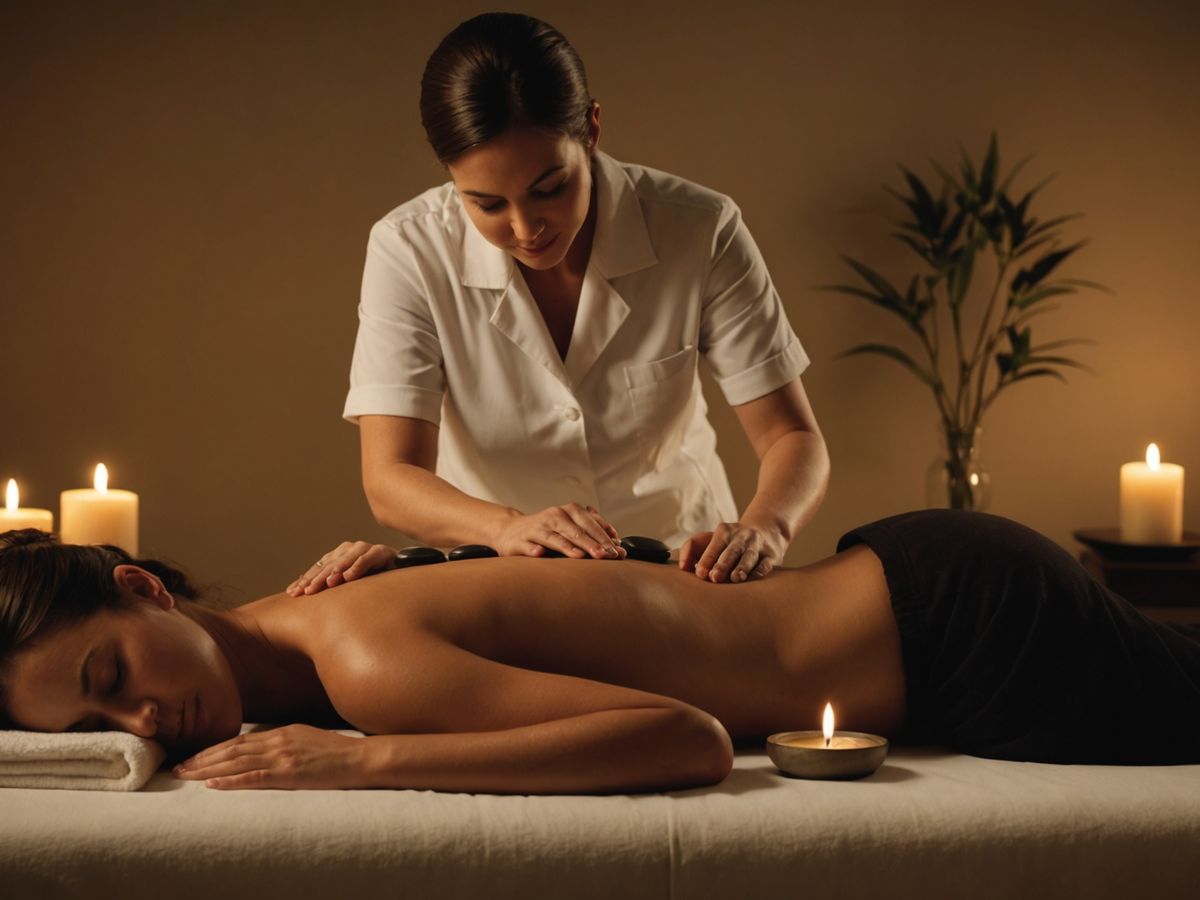 Masseuse giving a back massage in a serene spa room.