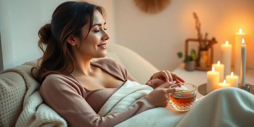 New mom relaxing with candles and herbal tea.