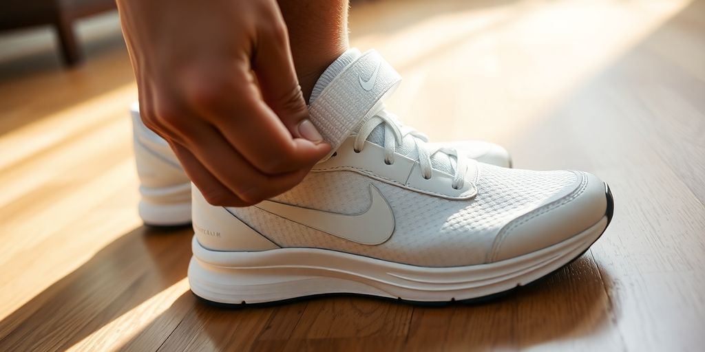 Close-up of a person putting on a Nike Revolution 4 shoe.