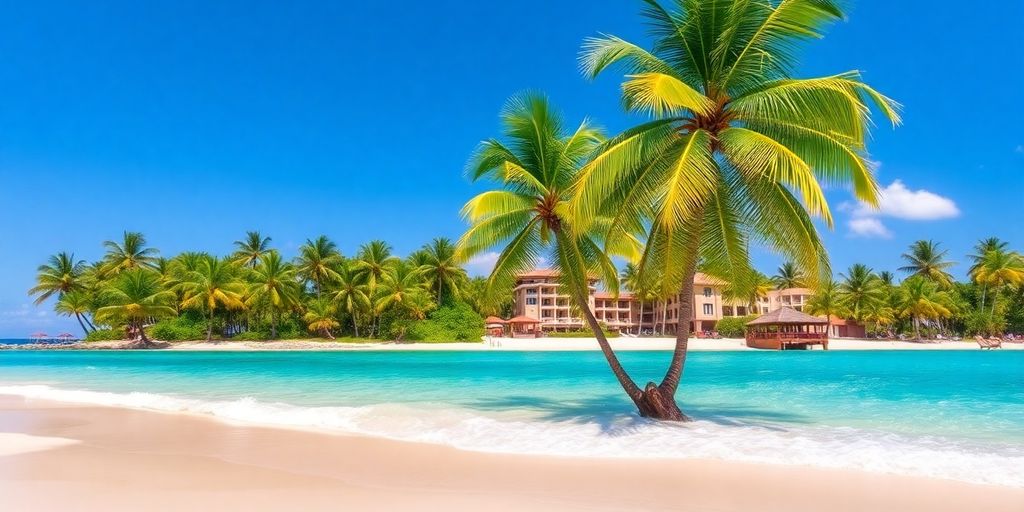 Turquoise water, white sand beach, palm trees, tropical resort.