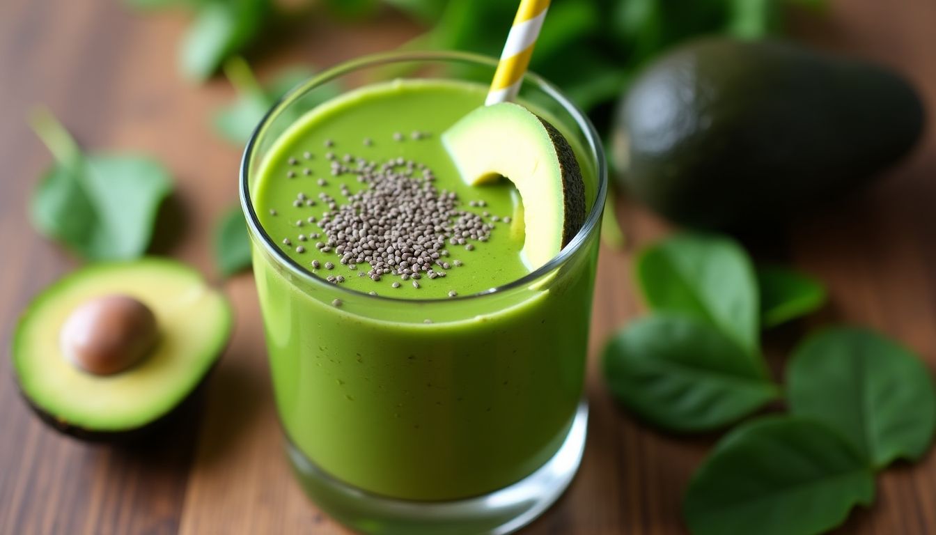 Spinach Avocado Smoothie with fresh ingredients on a table.