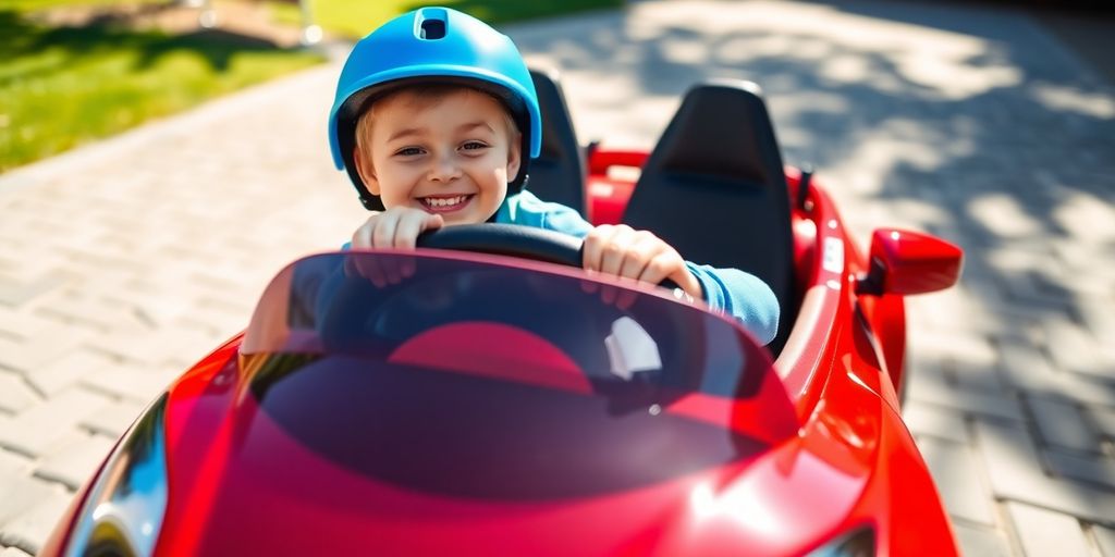 Kind rijdt in elektrische speelgoedauto.