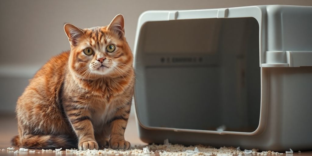 Cat beside a messy litter box looking anxious.