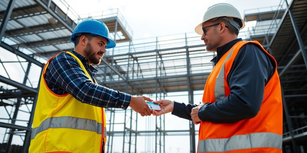 Construction workers exchanging an ID badge at a building frame