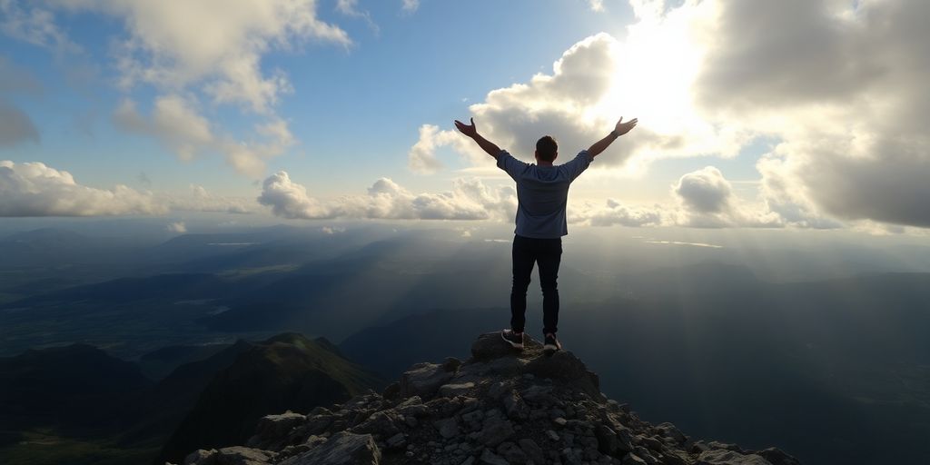 Person reaching peak of mountain, bathed in golden light.