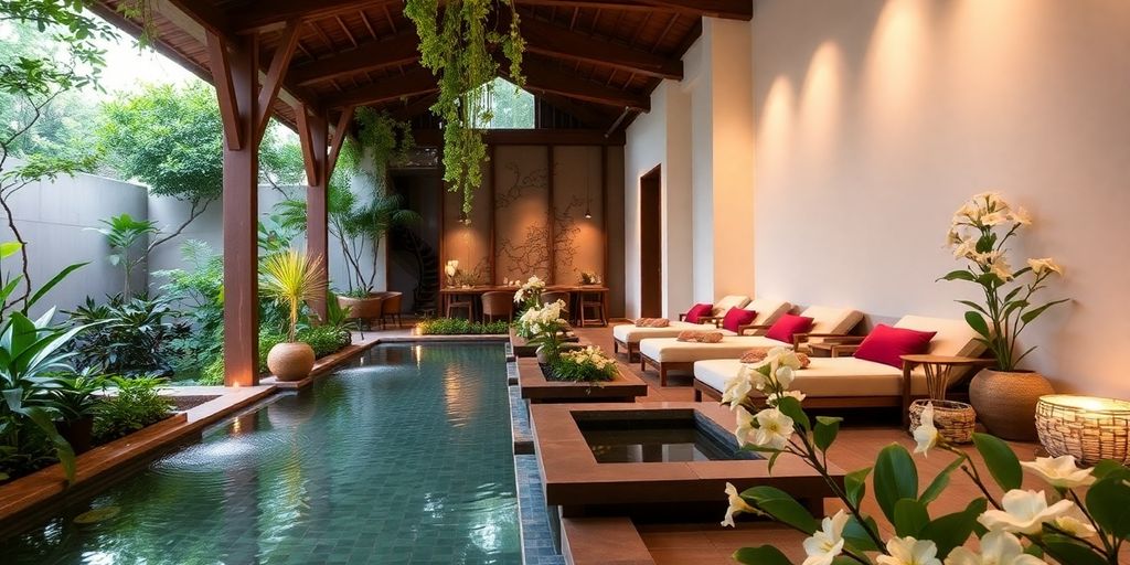 Serene spa setting in Chiang Mai with lush greenery.