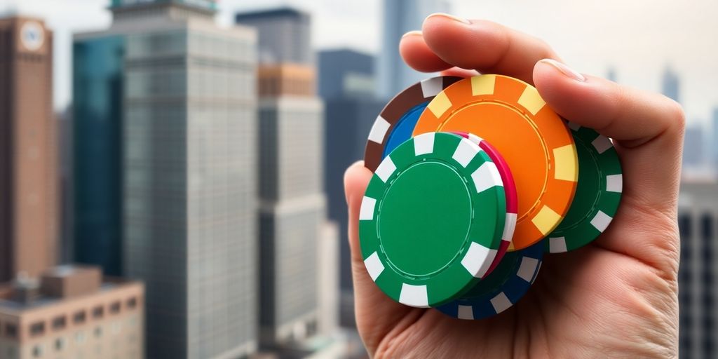 Hand holding colorful poker chips against a city skyline.