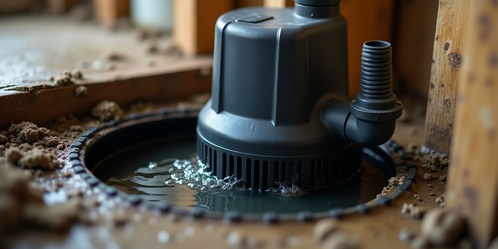 Close-up of a sump pump in a basement.