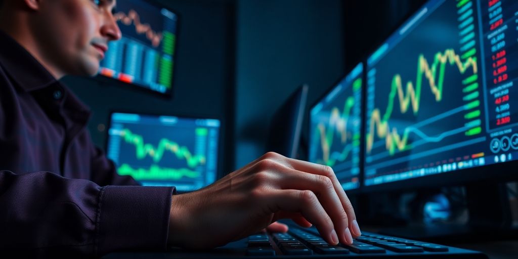 Person watches multiple computer screens intently.