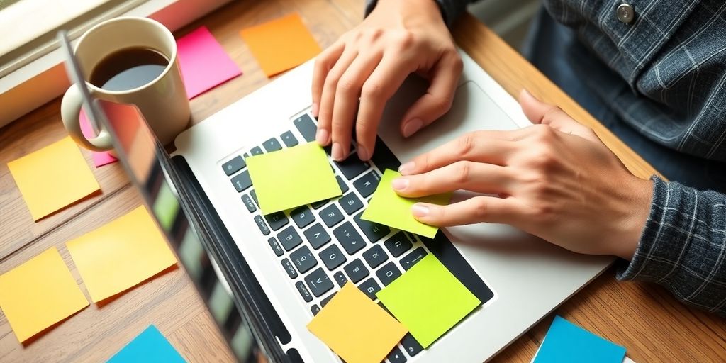 Person at a laptop with sticky notes and coffee cup.