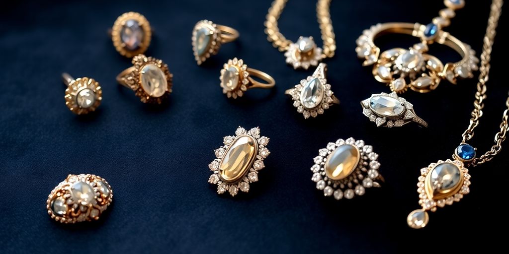 Elegante Präsentation von antikem Schmuck auf Samthintergrund.