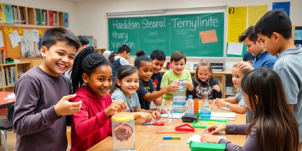 Students collaborating on STEM projects in a colorful classroom.