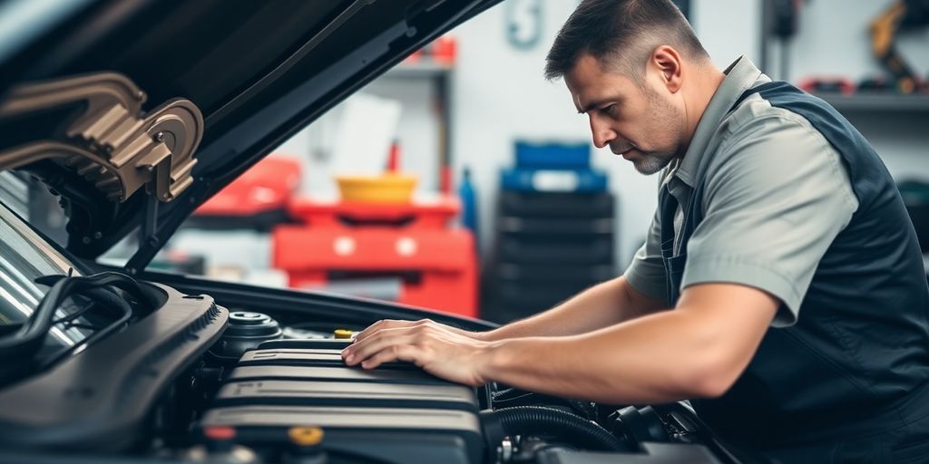 Mechanic inspecting a car engine with tools.