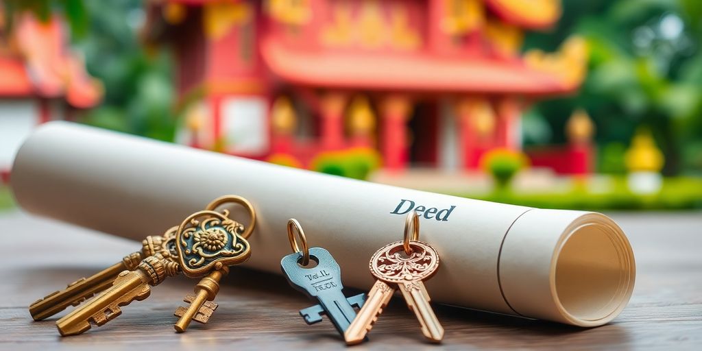 Keys and a deed document on a wooden table.