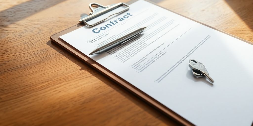 Clipboard, pen, house key, contract